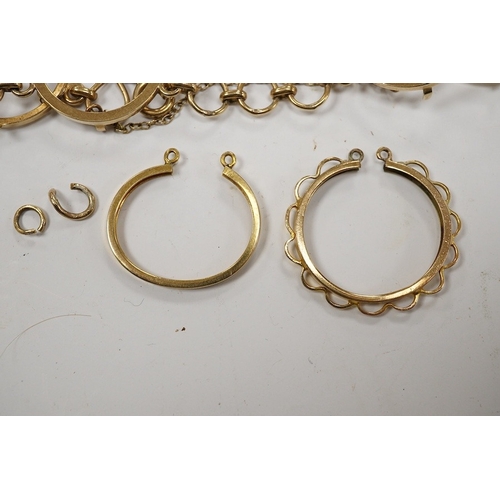 932 - A 9ct gold coin bracelet (now lacking coins), one other 9ct gold coin mount and a similar yellow met... 