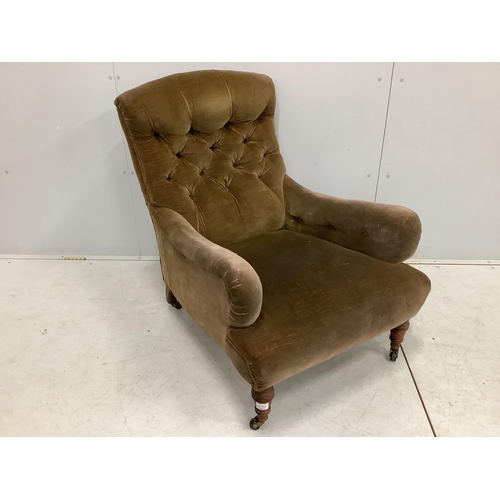 1056 - A Victorian Howard style armchair, width 76cm, depth 86cm, height 92cm. Condition - fair