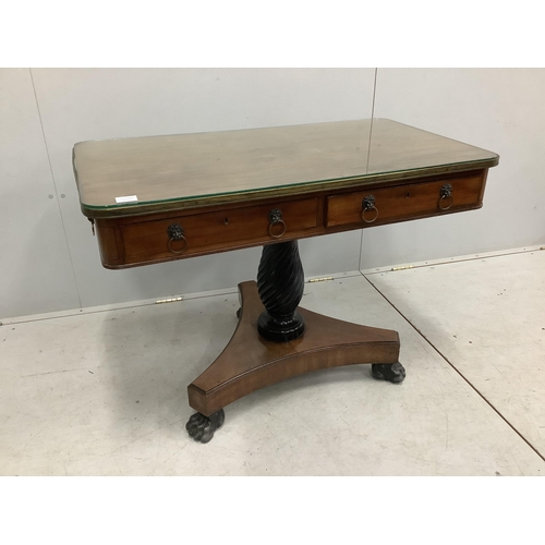 1066 - A George IV brass mounted rectangular mahogany two drawer centre table, width 102cm, depth 59cm, hei... 