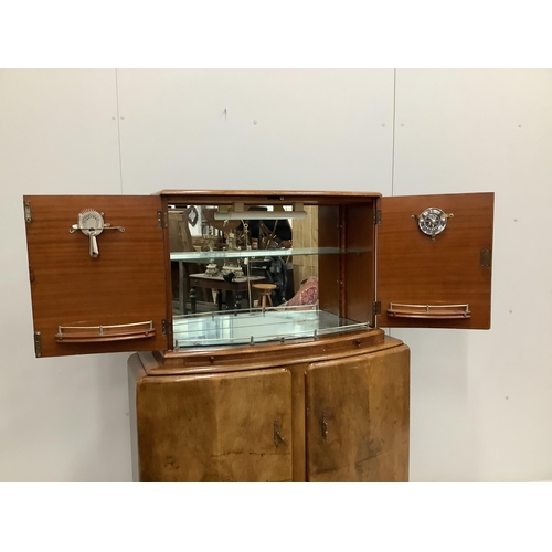 1071 - An Art Deco style walnut cocktail cabinet, width 102cm, depth 38cm, height 144cm. Condition - fair... 