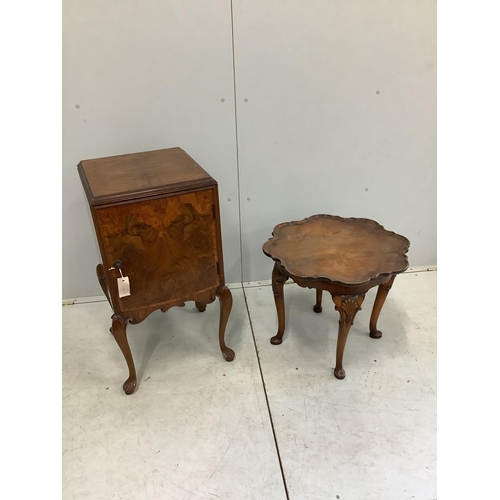 1073 - A Queen Anne Revival walnut bedside cabinet and wine table, width 42cm, depth 40cm, height  77cm, to... 