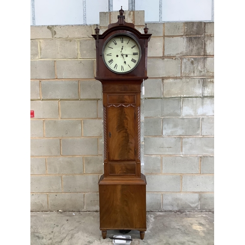 1074 - An early Victorian mahogany eight day longcase clock with a circular enamel dial, height 218cm. Cond... 