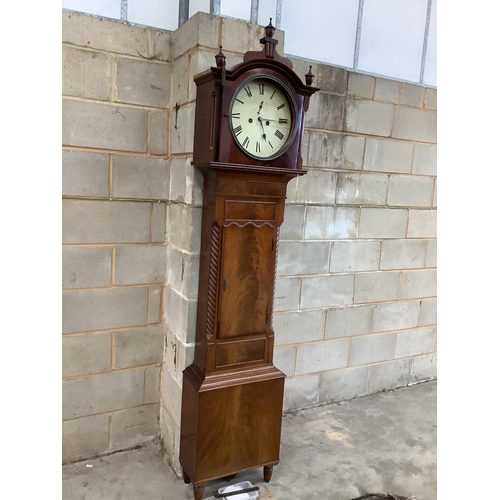 1074 - An early Victorian mahogany eight day longcase clock with a circular enamel dial, height 218cm. Cond... 