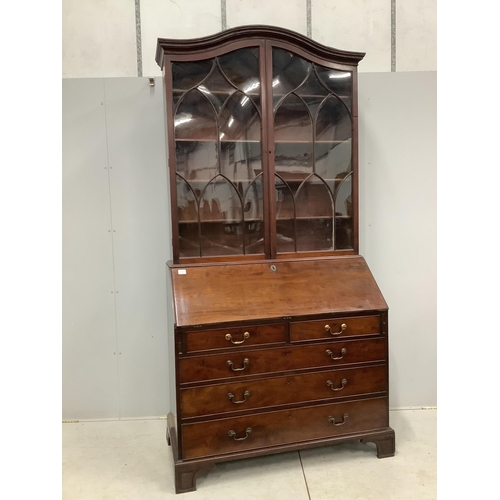 1079 - A George III mahogany bureau with associated domed top, width 122cm, depth 60cm, height 250cm. Condi... 