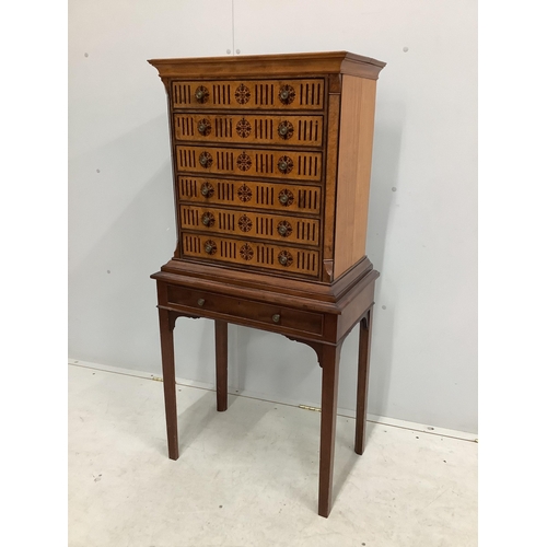 1085 - A late Victorian ebony inlaid bird's eye maple and mahogany collectors chest on later stand, width ... 