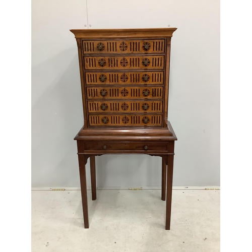 1085 - A late Victorian ebony inlaid bird's eye maple and mahogany collectors chest on later stand, width ... 