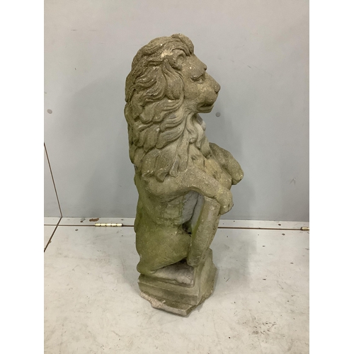 1087 - A reconstituted stone heraldic lion garden ornament, height 72cm. Condition - poor to fair, plinth b... 