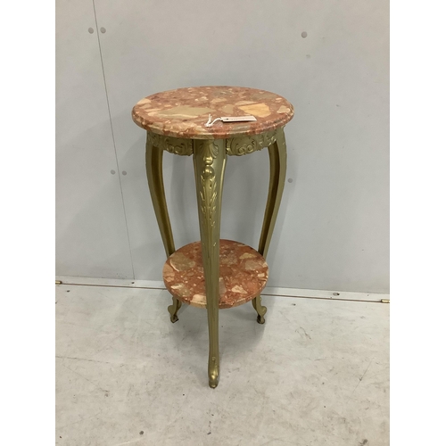 1089 - An early 20th century French circular reconstituted marble and cast metal two tier table, diameter 3... 