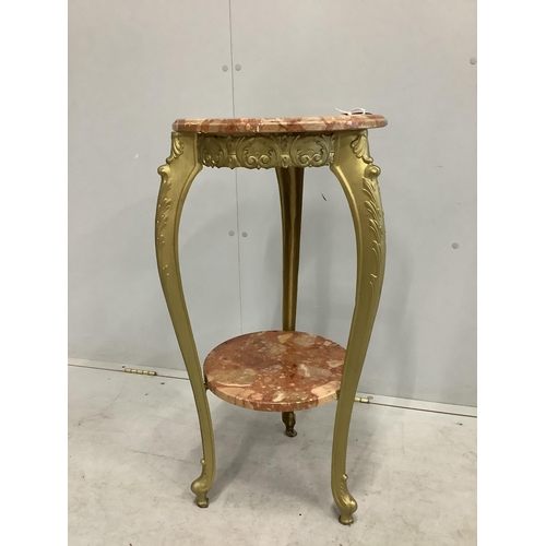 1089 - An early 20th century French circular reconstituted marble and cast metal two tier table, diameter 3... 