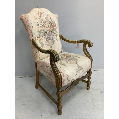 1095 - A French giltwood and tapestry open armchair, width 58cm, depth 56cm, height 102cm. Condition - fair... 