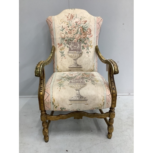 1095 - A French giltwood and tapestry open armchair, width 58cm, depth 56cm, height 102cm. Condition - fair... 