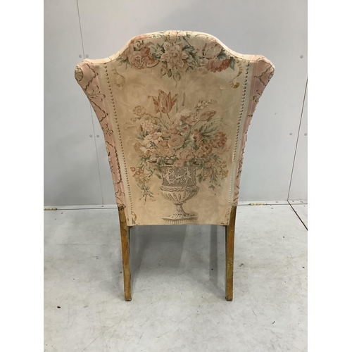 1095 - A French giltwood and tapestry open armchair, width 58cm, depth 56cm, height 102cm. Condition - fair... 