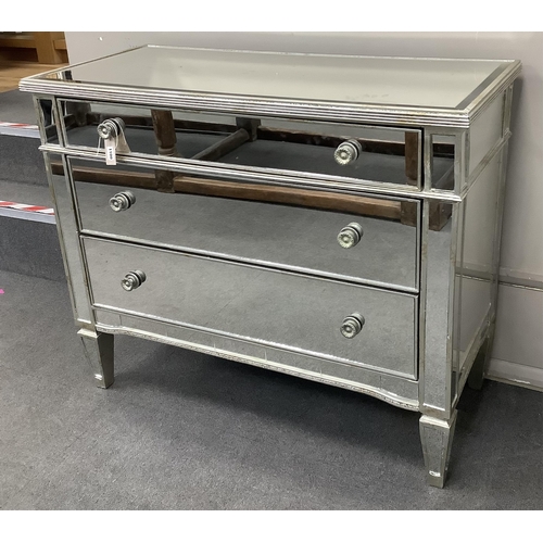 1100 - A Contemporary mirrored three drawer chest, width 107cm, depth 48cm, height 89cm. Condition - good... 