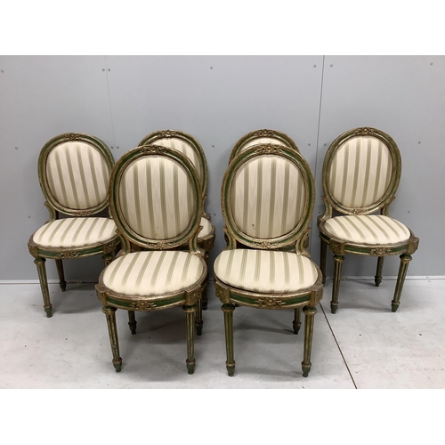 1101 - A set of six early 19th century Venetian painted, silvered parcel gilt side chairs, width 44cm, dept... 