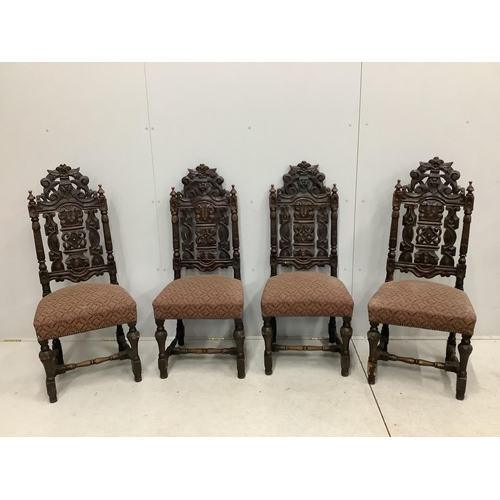 1109 - A set of thirteen carved Victorian oak dining chairs, one with arms. Condition - poor to fair