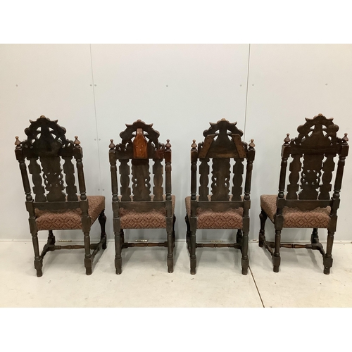 1109 - A set of thirteen carved Victorian oak dining chairs, one with arms. Condition - poor to fair