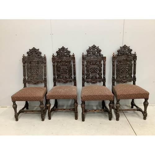 1109 - A set of thirteen carved Victorian oak dining chairs, one with arms. Condition - poor to fair