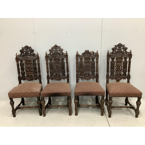 1109 - A set of thirteen carved Victorian oak dining chairs, one with arms. Condition - poor to fair