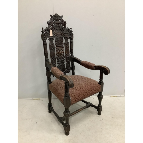 1109 - A set of thirteen carved Victorian oak dining chairs, one with arms. Condition - poor to fair