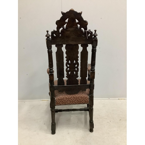 1109 - A set of thirteen carved Victorian oak dining chairs, one with arms. Condition - poor to fair