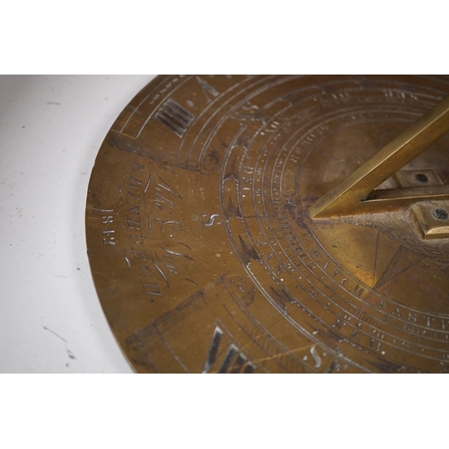 1261 - An early Victorian Adie & Son bronze sun dial, engraved; Edinburgh 1842, 32cm diameter, 19cm to end ... 