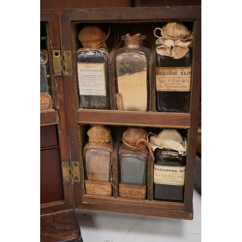 1266 - A 19th century mahogany apothecary cabinet, containing 20 bottles of various medicinal compounds and... 