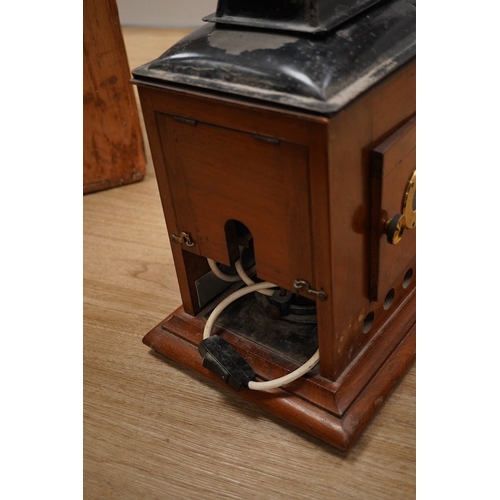 1273 - A mahogany and brass magic lantern in pine box, and a quantity of magic lantern slides by Primus, et... 