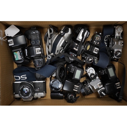 1274 - Ten SLR camera bodies by Nikon, Olympus, Canon, Pentax, etc., together with twelve lenses by Nikon, ... 