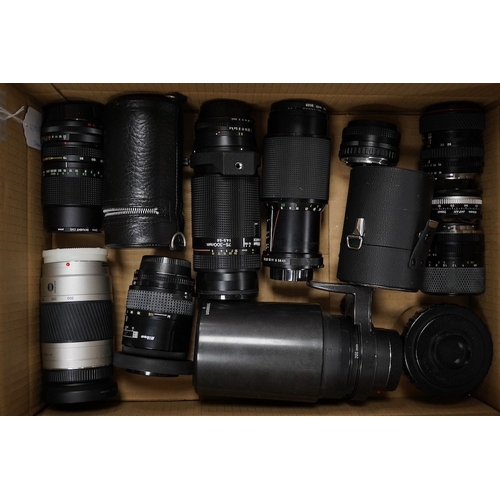 1274 - Ten SLR camera bodies by Nikon, Olympus, Canon, Pentax, etc., together with twelve lenses by Nikon, ... 