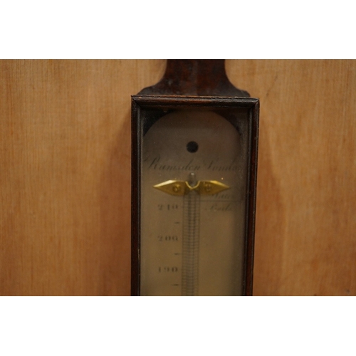 1278 - A George III mahogany cased thermometer by Ramsden, London, with silvered scale, height 46cm. Condit... 