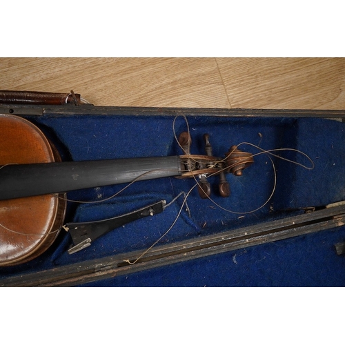 1287 - Two cased violins; one French 19th century bearing a hand written label for Francesco Werentle 1746,... 