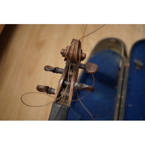 1287 - Two cased violins; one French 19th century bearing a hand written label for Francesco Werentle 1746,... 