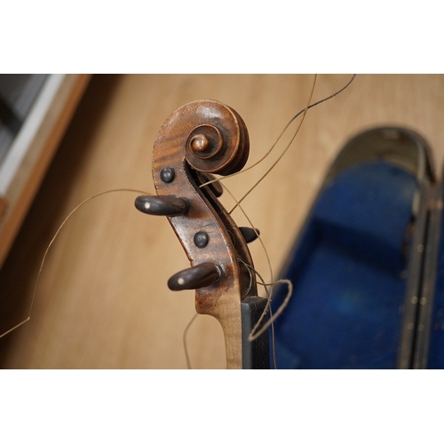 1287 - Two cased violins; one French 19th century bearing a hand written label for Francesco Werentle 1746,... 