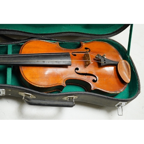 1289 - Four cased violins; an early 20th century violin, body 36cm, fitted with a microphone pick up taking... 