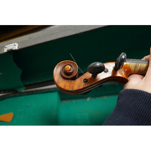 1289 - Four cased violins; an early 20th century violin, body 36cm, fitted with a microphone pick up taking... 