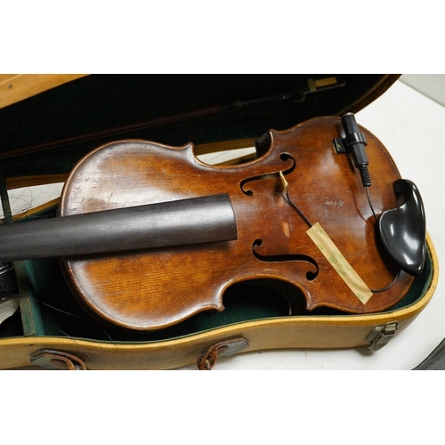 1289 - Four cased violins; an early 20th century violin, body 36cm, fitted with a microphone pick up taking... 