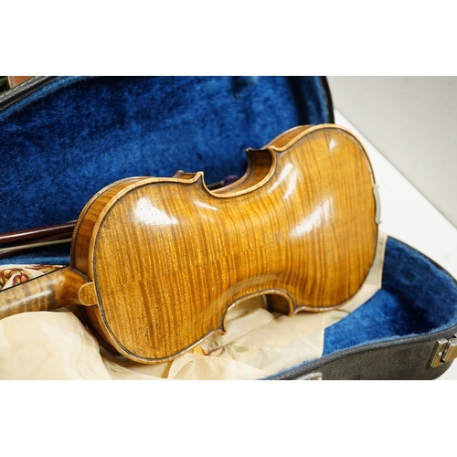 1289 - Four cased violins; an early 20th century violin, body 36cm, fitted with a microphone pick up taking... 