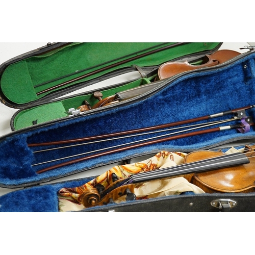 1289 - Four cased violins; an early 20th century violin, body 36cm, fitted with a microphone pick up taking... 