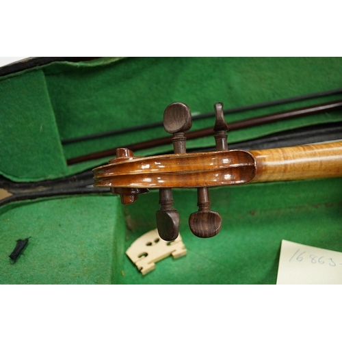 1289 - Four cased violins; an early 20th century violin, body 36cm, fitted with a microphone pick up taking... 