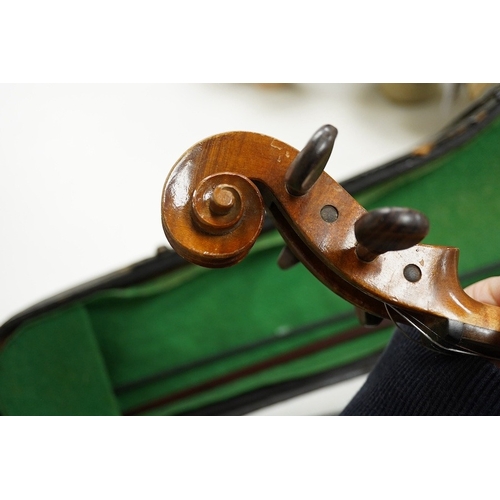 1289 - Four cased violins; an early 20th century violin, body 36cm, fitted with a microphone pick up taking... 