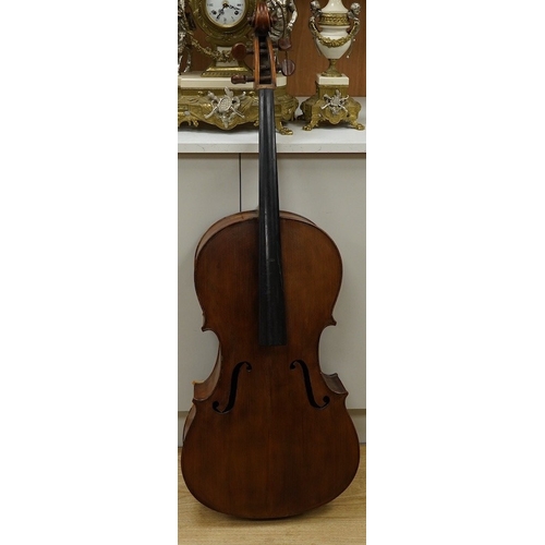 1291 - An early 19th century English cello for restoration, body length 74.5cm, together with an ebonised w... 