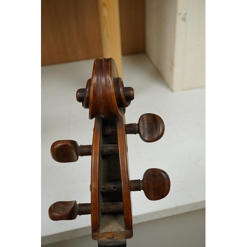 1291 - An early 19th century English cello for restoration, body length 74.5cm, together with an ebonised w... 