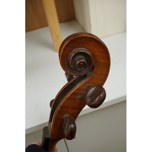 1291 - An early 19th century English cello for restoration, body length 74.5cm, together with an ebonised w... 