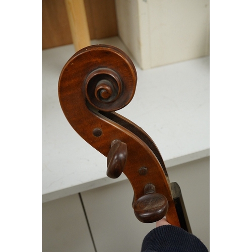 1291 - An early 19th century English cello for restoration, body length 74.5cm, together with an ebonised w... 