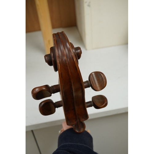 1291 - An early 19th century English cello for restoration, body length 74.5cm, together with an ebonised w... 