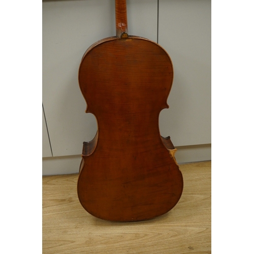 1291 - An early 19th century English cello for restoration, body length 74.5cm, together with an ebonised w... 