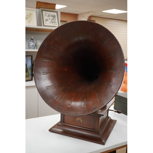 1298 - An HMV tabletop mahogany gramophone player with large laminated wooden horn, diameter of horn 55cm. ... 