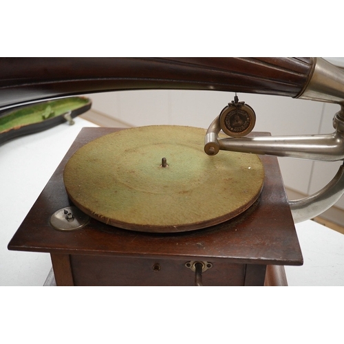 1298 - An HMV tabletop mahogany gramophone player with large laminated wooden horn, diameter of horn 55cm. ... 