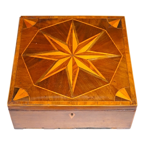 1325 - An early 19th century wood parquetry specimen box decorated with a star design top, 26cm wide, 10cm ... 