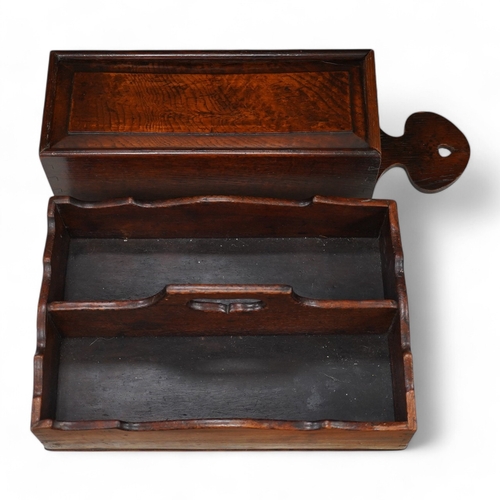 1326 - A George III mahogany cutlery tray, together with an oak hanging candle box, largest 48cm high. Cond... 